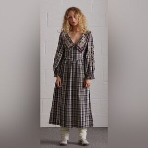 Damson Madder Maude embroidered Collared Midi Dress navy plaid maroon velvet